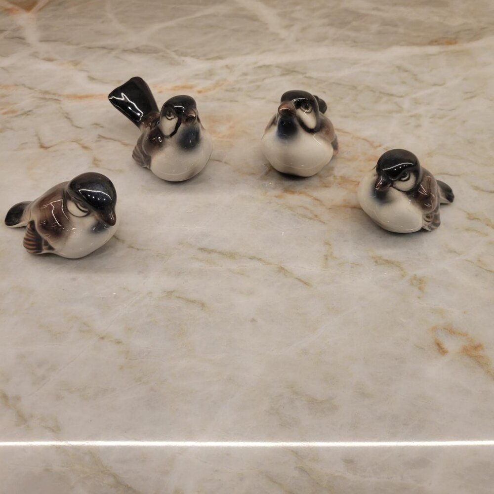 4 Vintage  Porcelain Austria Crown E and R Chickadee Songbird Figurines--$25